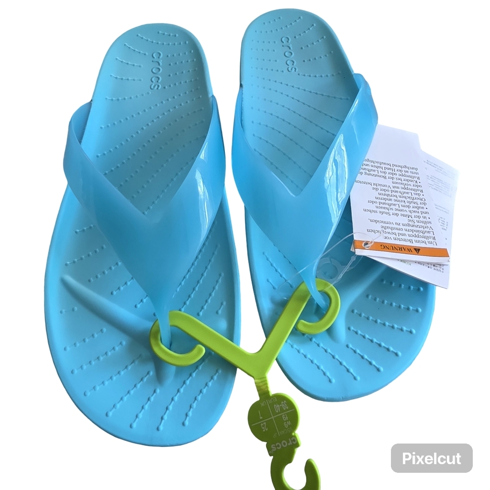Crocs Women's 9 Splash Glossy Thong Flip Flop Blue Neptune